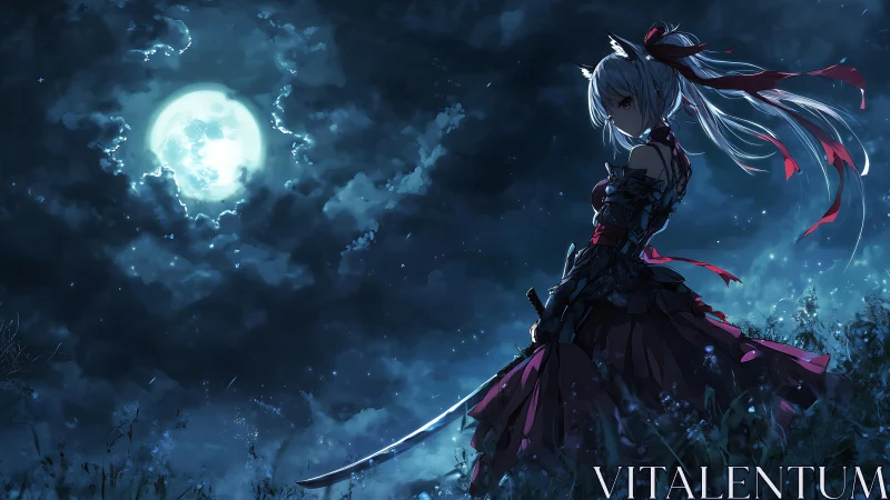 Lunar backlit katana wielder in high contrast nocturnal field.