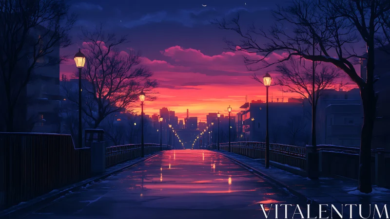 Neon dusk city bridge under glowing streetlamps after rain.