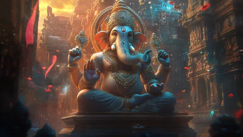 Golden Ganesha glows in a rose-lit temple of swirling dusk.