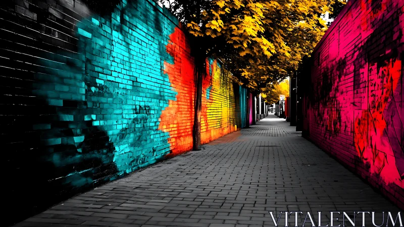 Vivid urban alleyway with high-saturation graffiti walls.