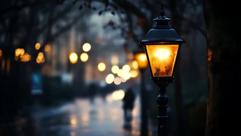 Warm gaslight streetlamp illuminates a rainy urban evening