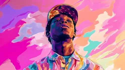 Neon clouds drift while a painted dreamer claims the sky