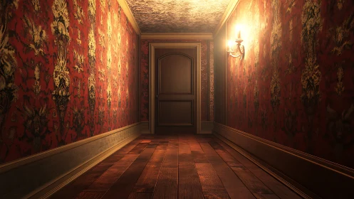 Softly lit vintage hallway leading toward a quiet wooden door.