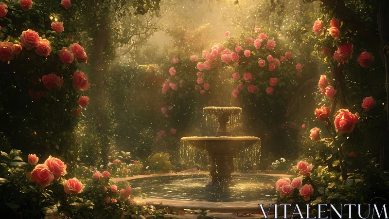 Enchanting rose garden embraces a sunlit tiered fountain.