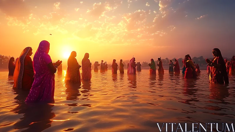 Sunrise bath paints praying women in liquid firelight