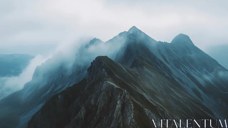 Fog covered mountain ridge with layered distant peaks view.