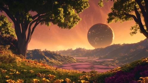Alien valley landscape under glowing planet at sunset.