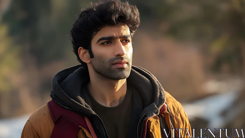 Thoughtful young man in winter light outdoors portrait.