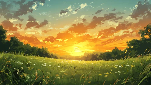 Sunset sky illuminates grassy wildflower meadow with trees