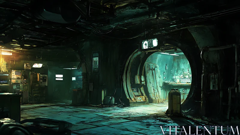 Abandoned sci fi bunker interior shows circular doorway and lab