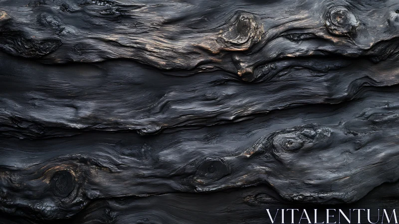 Charred wood grain surface shows molten organic texture.