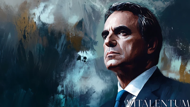 Stoic gentleman in a suit against bold painted skies.