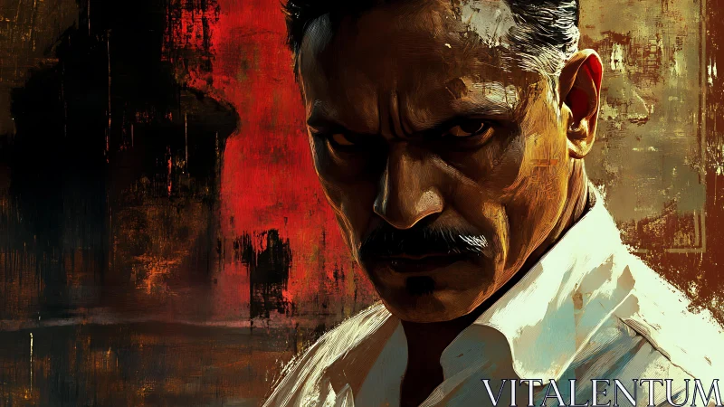 Smoldering stare of stern man against abstract red backdrop.