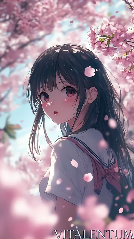 Anime schoolgirl stands under dense cherry blossoms in spring