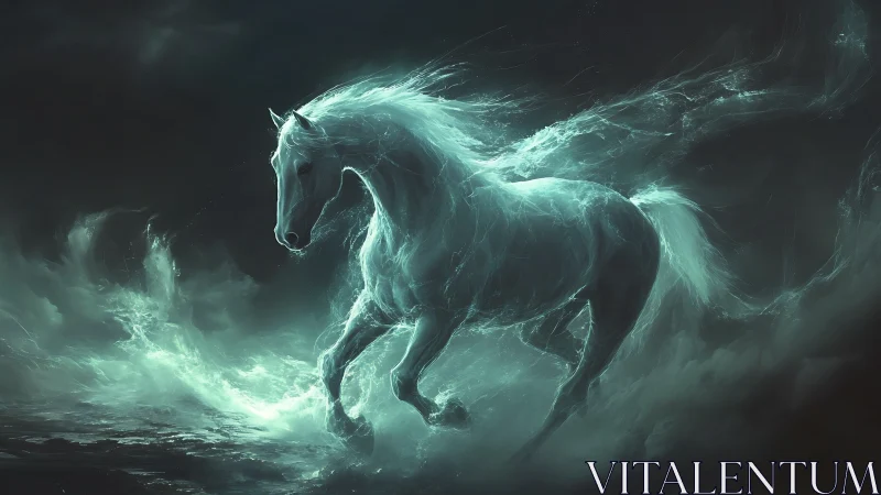 Ghostly spirit horse gallops boldly through swirling mist