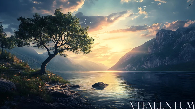 Sunlit mountain lake with lone tree and reflective water.