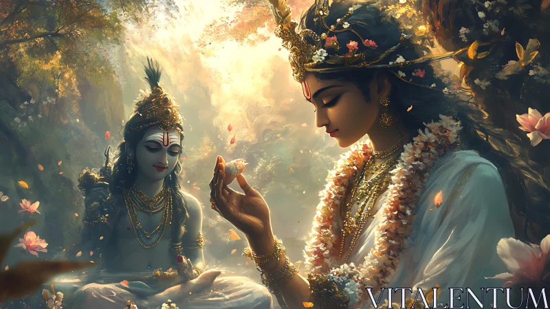 Divine couple share lotus moment in luminous forest grove