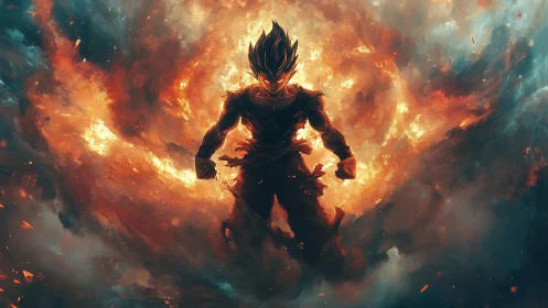 Inferno-born warrior ascends within a swirling cosmic blaze.