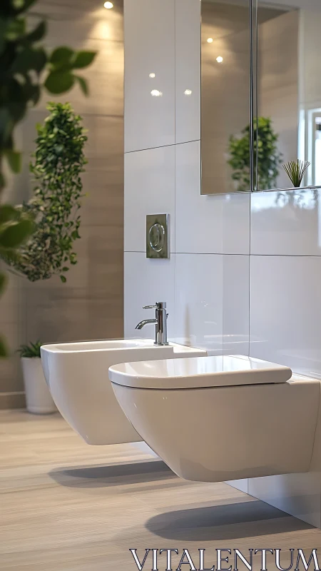 Wall-mounted bidet and toilet define minimal bathroom design