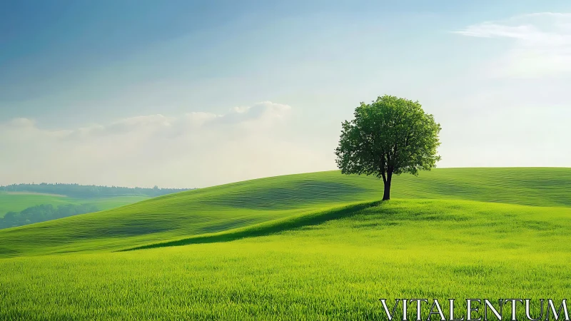 Single deciduous tree stands on gently sloping grass hill