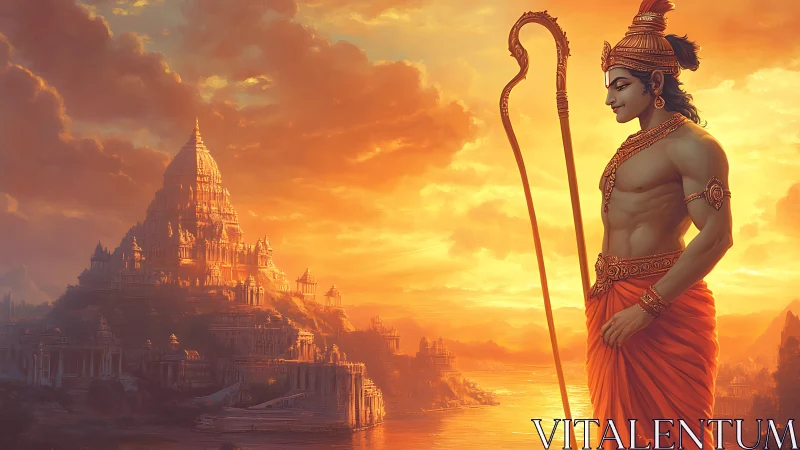 Divine warrior overlooks golden temple city at sunset.