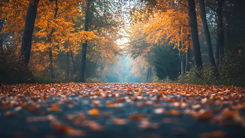 Autumn Forest Path: Golden Canopy and Fallen Leaves.
