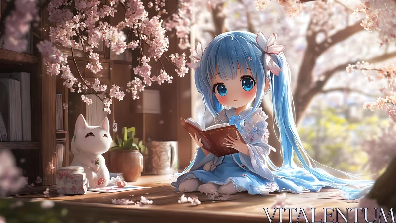 Blue haired anime girl reads under blooming cherry branches