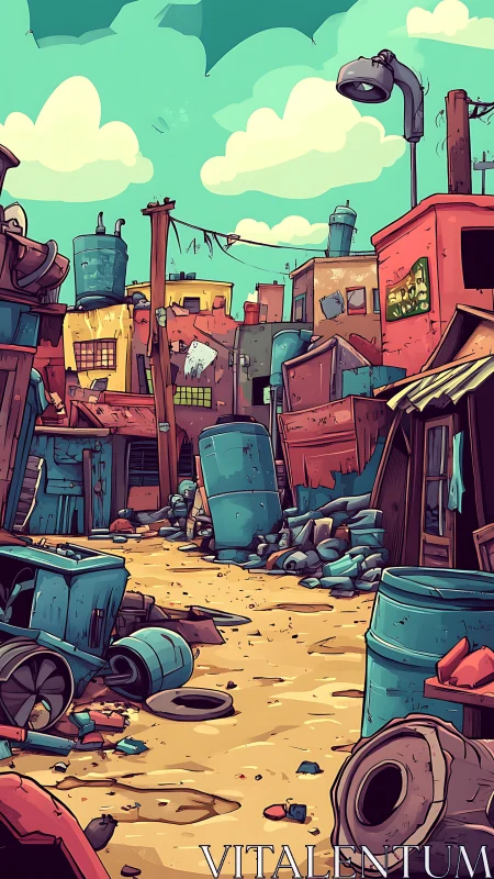 Color-saturated urban slum alley with stylized debris under sky.
