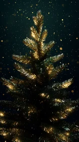 Christmas tree glows with warm golden fairy lights at night.