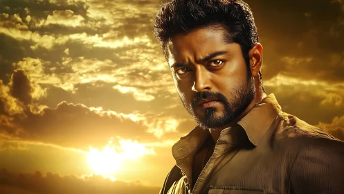 Sunset backlit male portrait employs dramatic golden-hour lighting