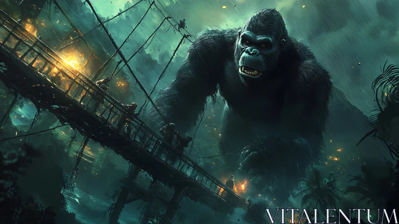 Colossal jungle gorilla storms a burning rope bridge in rain