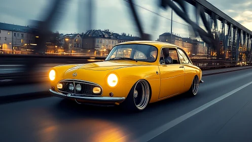Retro yellow coupe on urban bridge in dynamic motion blur.