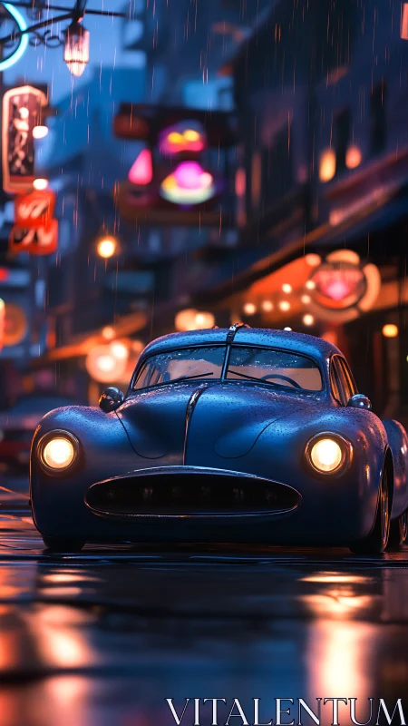 Rain-slicked retro coupe cruising neon-soaked midnight streets.