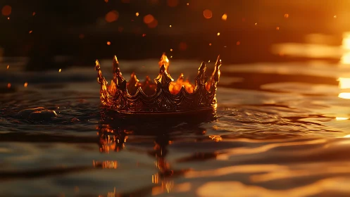 Burning golden crown sinking into molten sunset water.