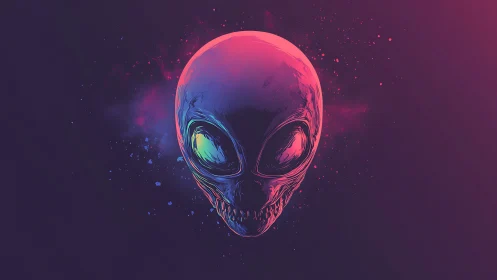 Neon-rendered alien skull floats in a cosmic gradient void