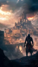 Lone blade surveys stormlit citadel above burning mist.