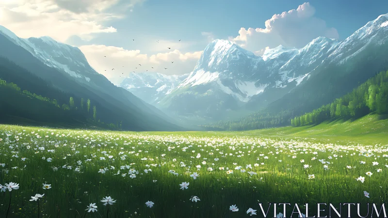 Wildflower kingdom under watchful snowcapped guardians.