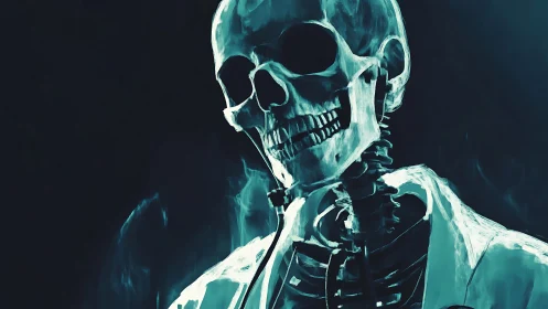 Bioluminescent skeletal portrait with teal rim lighting, frontal