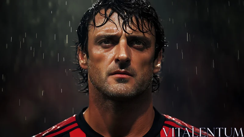 Determined footballer stands focused under pouring stadium rain