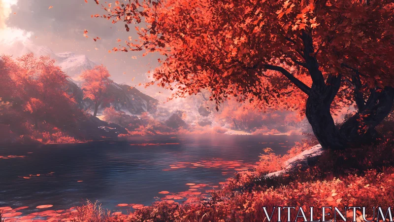 Autumnal riverside landscape with red foliage and mountains.