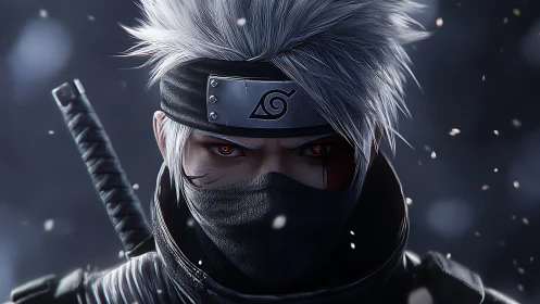 Silver-haired ninja sentinel amid swirling winter embers.