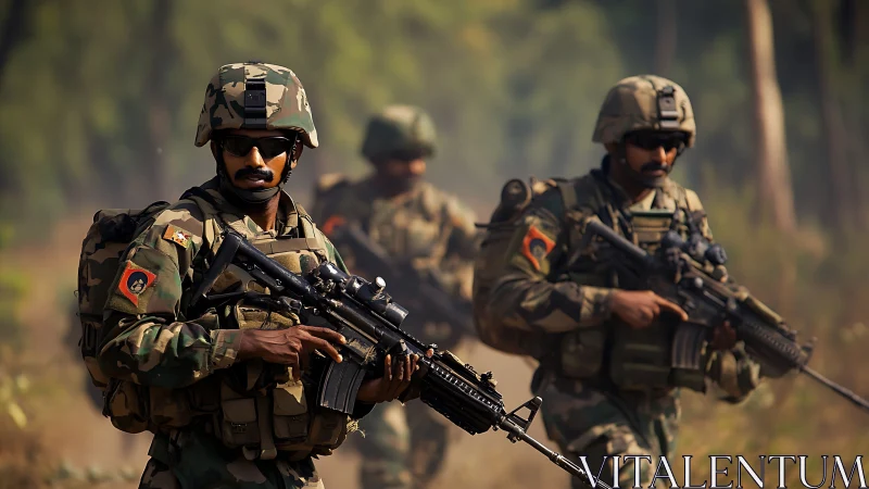 Armed soldiers advance cautiously through sunlit forest terrain