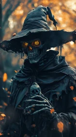 Skeletal sorcerer stands in tattered cloak with glowing eyes