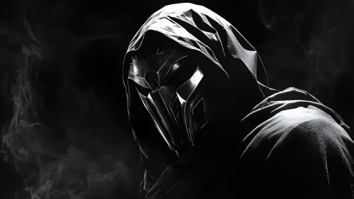 Mysterious hooded figure in gleaming metal mask and shadow.