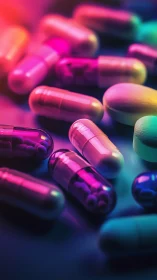 Neon pharmaceutical capsules glow under vibrant gradient light.
