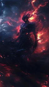 Blazing cosmic figure rises from swirling shadow and flame