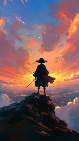 Lone swordsman stands on mountain peak at vivid sunset.