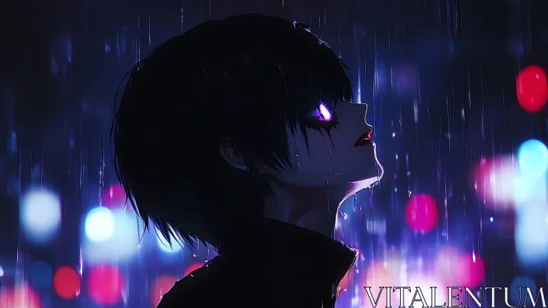 Midnight neon rain and a glowing gaze to the sky.