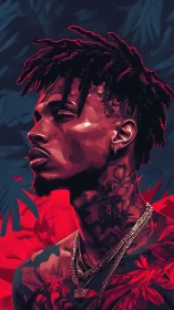 Stylized portrait of tattooed man in red and blue lighting.