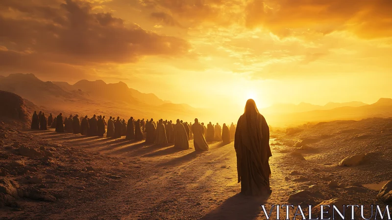 Cinematic desert procession under radiant golden sunset light.